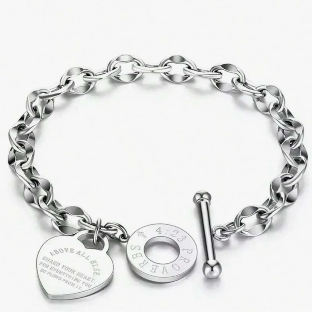 Silver Stainless Steel Chain Links Heart Charm Bracelet